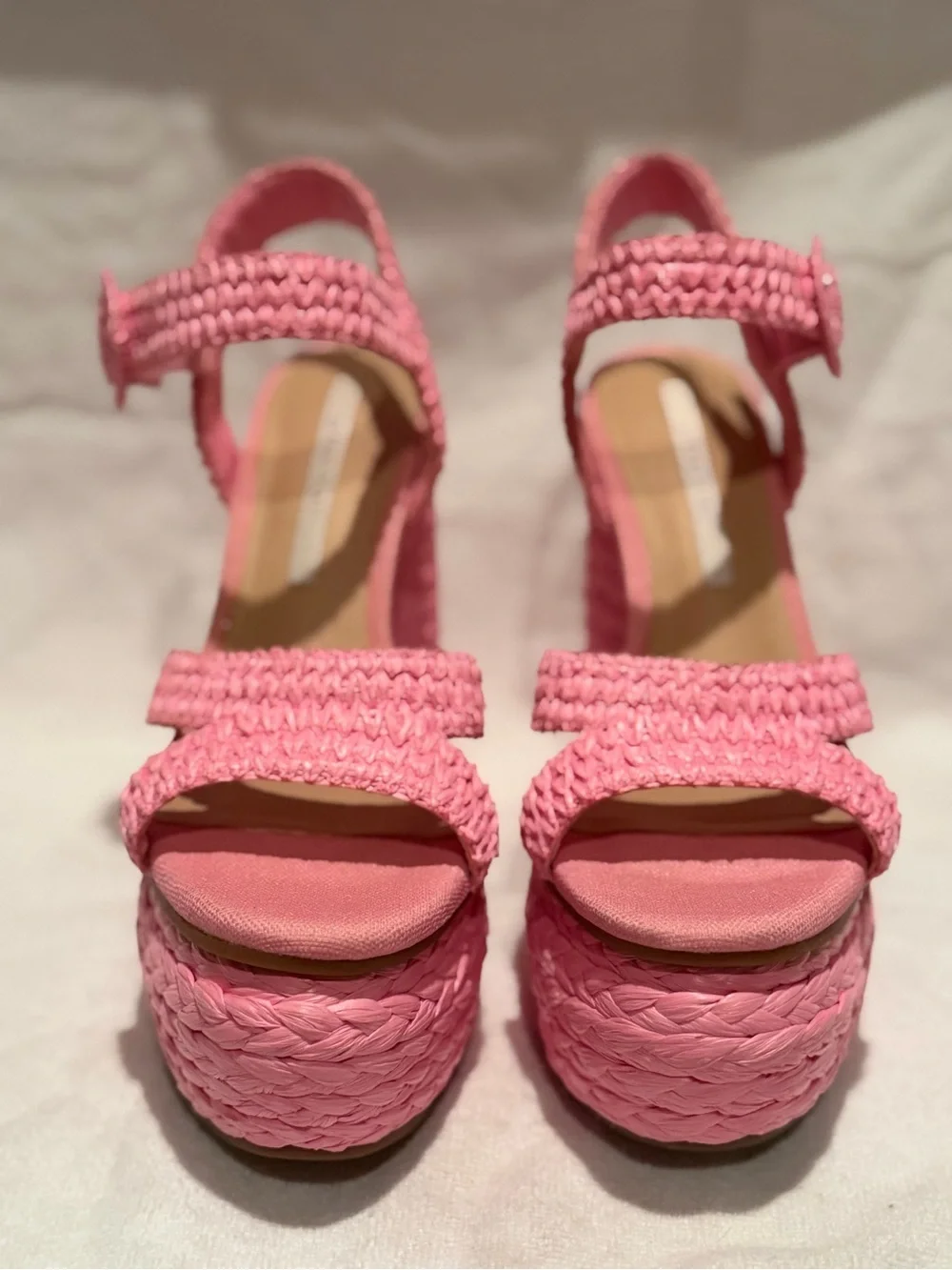 Woven Pink Platform Sandals with Ankle Strap